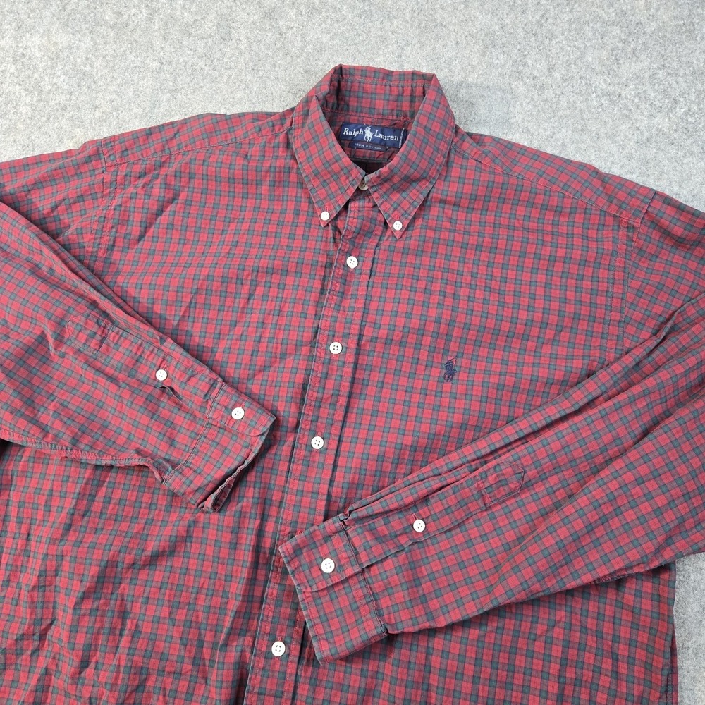Ralph Lauren Button Down Shirt Mens Large Red Plaid Long Sleeve Preppy Pony